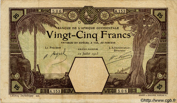 25 Francs GRAND-BASSAM FRENCH WEST AFRICA Grand-Bassam 1923 P.07Db fSS