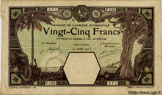 25 Francs PORTO-NOVO FRENCH WEST AFRICA Porto-Novo 1923 P.07Eb VG