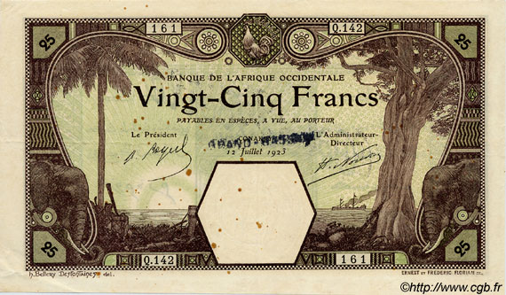25 Francs GRAND-BASSAM FRENCH WEST AFRICA Grand-Bassam 1923 P.07Db var fVZ