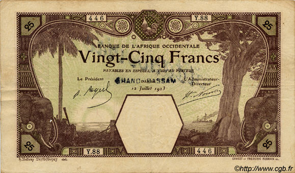 25 Francs GRAND-BASSAM FRENCH WEST AFRICA Grand-Bassam 1923 P.07Db var MBC