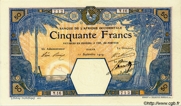 50 Francs DAKAR FRENCH WEST AFRICA Dakar 1919 P.09Ba EBC