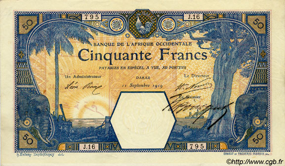 50 Francs DAKAR FRENCH WEST AFRICA Dakar 1919 P.09Ba XF