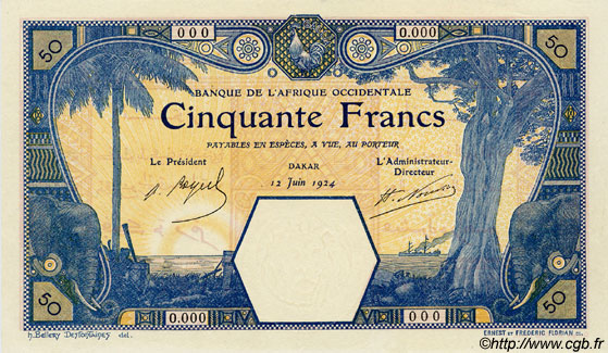 50 Francs DAKAR Épreuve FRENCH WEST AFRICA Dakar 1924 P.09Bvars UNC-