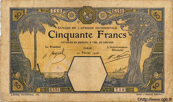 50 Francs DAKAR FRENCH WEST AFRICA Dakar 1926 P.09Bb F-