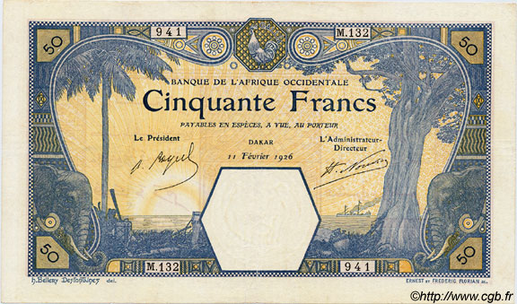 50 Francs DAKAR FRENCH WEST AFRICA Dakar 1926 P.09Bb VF