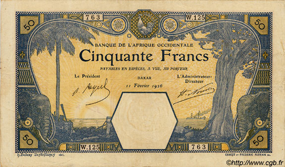 50 Francs DAKAR FRENCH WEST AFRICA Dakar 1926 P.09Bb MBC