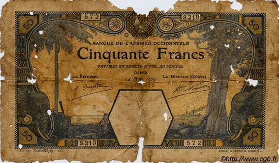 50 Francs DAKAR FRENCH WEST AFRICA Dakar 1929 P.09Bc GE