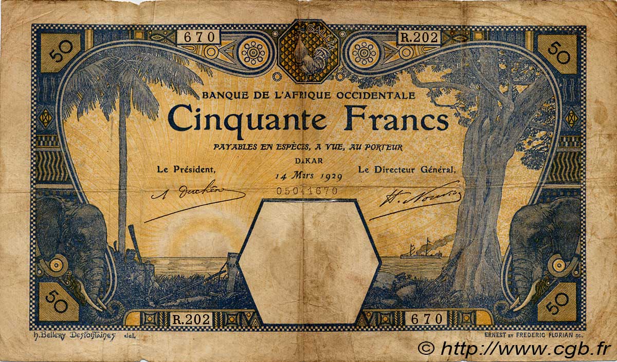 50 Francs DAKAR FRENCH WEST AFRICA Dakar 1929 P.09Bc fS