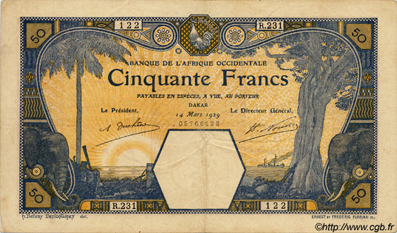 50 Francs DAKAR FRENCH WEST AFRICA Dakar 1929 P.09Bc VF+