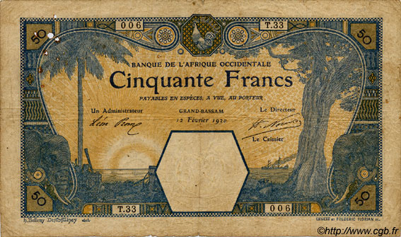 50 Francs GRAND-BASSAM FRENCH WEST AFRICA Grand-Bassam 1920 P.09Da VG