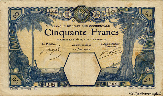 50 Francs GRAND-BASSAM FRENCH WEST AFRICA Grand-Bassam 1924 P.09Db S