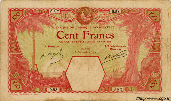 100 Francs DAKAR FRENCH WEST AFRICA Dakar 1924 P.11Ba BC