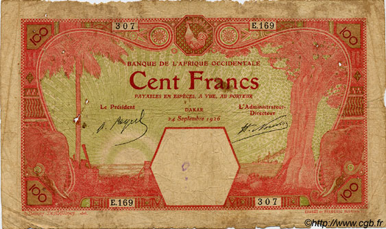 100 Francs DAKAR FRENCH WEST AFRICA Dakar 1926 P.11Bb GE