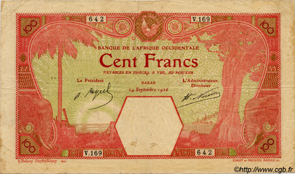 100 Francs DAKAR FRENCH WEST AFRICA Dakar 1926 P.11Bb BC