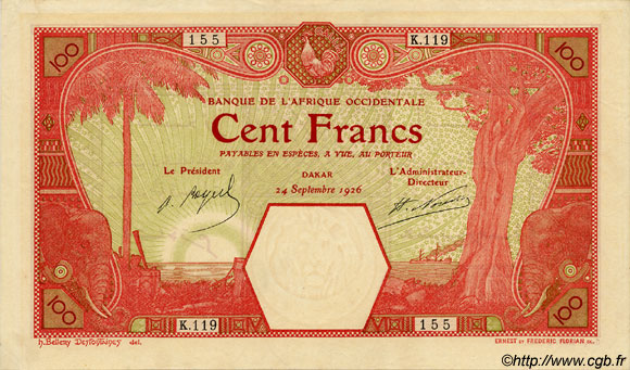 100 Francs DAKAR FRENCH WEST AFRICA Dakar 1926 P.11Bb EBC