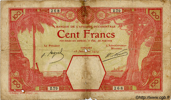 100 Francs CONAKRY FRENCH WEST AFRICA (1895-1958) Conakry 1924 P.10Ac G