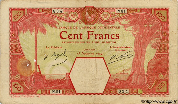 100 Francs CONAKRY FRENCH WEST AFRICA Conakry 1924 P.10Ac VG