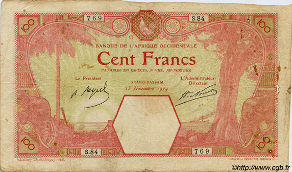100 Francs GRAND-BASSAM FRENCH WEST AFRICA Grand-Bassam 1924 P.11Dd q.MB