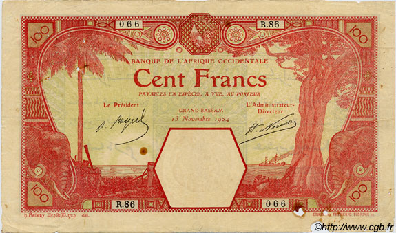 100 Francs GRAND-BASSAM FRENCH WEST AFRICA Grand-Bassam 1924 P.11Dd BC
