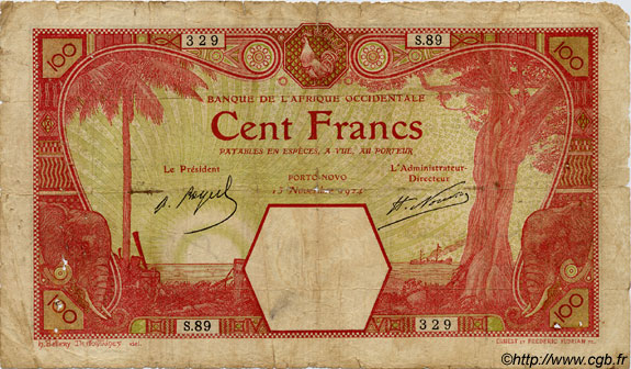 100 Francs PORTO-NOVO FRENCH WEST AFRICA Porto-Novo 1924 P.11Eb B