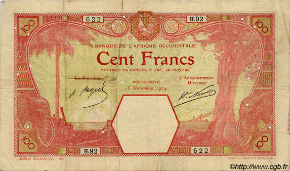 100 Francs PORTO-NOVO FRENCH WEST AFRICA Porto-Novo 1924 P.11Eb BC