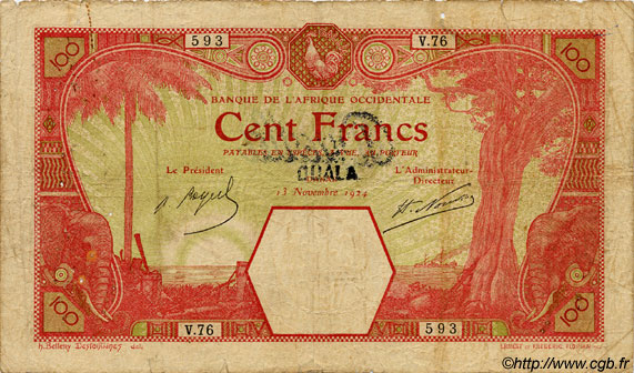 100 Francs DUALA FRENCH WEST AFRICA Duala 1924 P.13C var fS to S