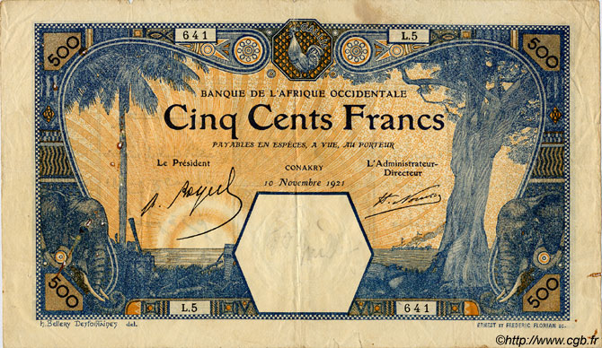 500 Francs CONAKRY FRENCH WEST AFRICA Conakry 1921 P.13Ab F - VF