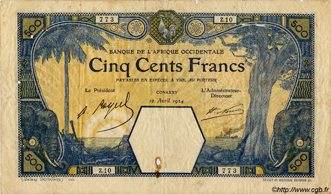 500 Francs CONAKRY FRENCH WEST AFRICA Conakry 1924 P.13Ac MB