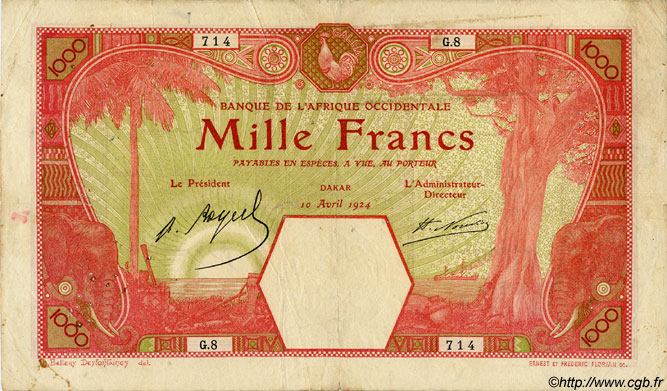 1000 Francs DAKAR FRENCH WEST AFRICA Dakar 1924 P.15B S
