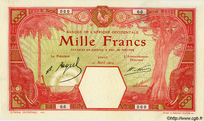 1000 Francs DAKAR Spécimen FRENCH WEST AFRICA Dakar 1924 P.15Bs fST+