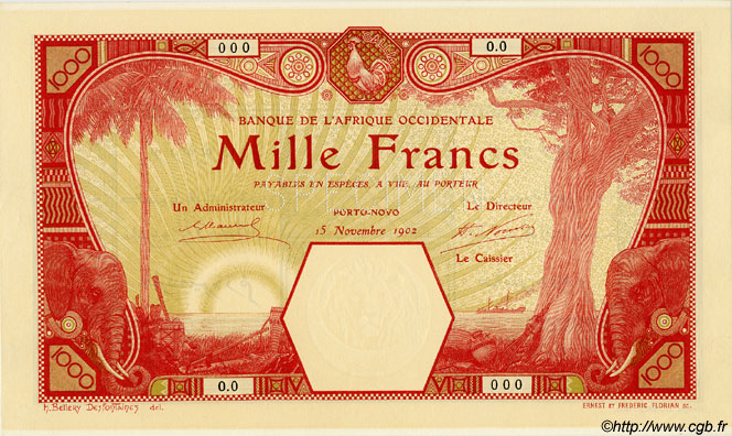 1000 Francs PORTO-NOVO Spécimen FRENCH WEST AFRICA Porto-Novo 1902 P.15-s q.FDC