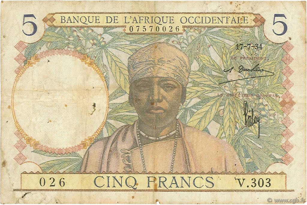 5 Francs FRENCH WEST AFRICA  1934 P.21 BC