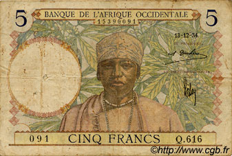 5 Francs FRENCH WEST AFRICA  1934 P.21 RC+
