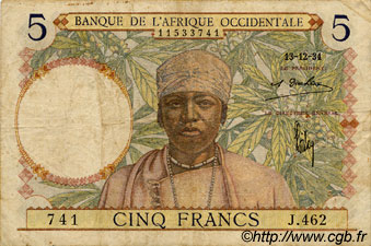 5 Francs FRENCH WEST AFRICA  1934 P.21 BC
