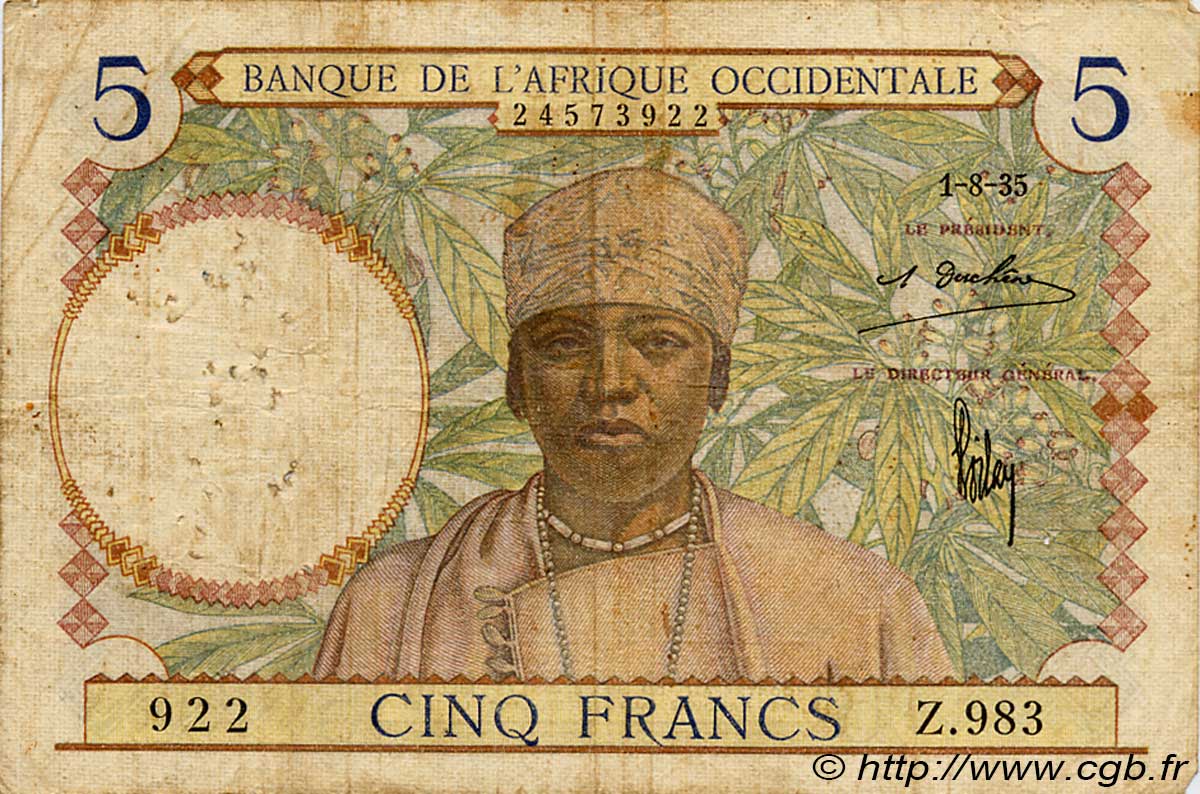 5 Francs AFRIQUE OCCIDENTALE FRANÇAISE (1895-1958)  1935 P.21 TB