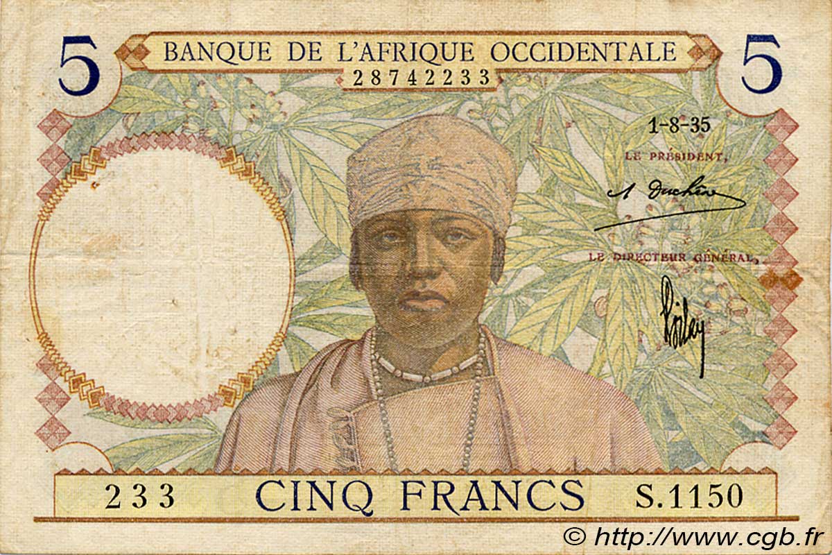 5 Francs FRENCH WEST AFRICA  1935 P.21 q.BB