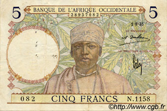 5 Francs FRENCH WEST AFRICA  1935 P.21 VF