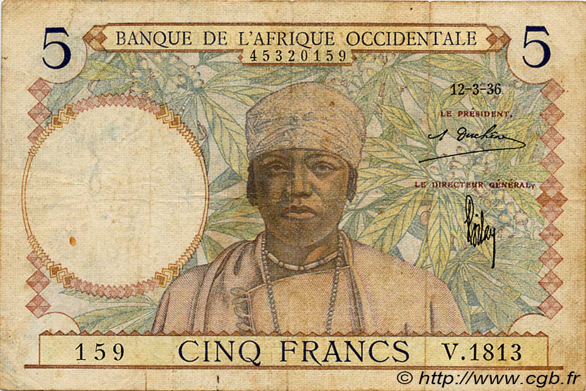 5 Francs AFRIQUE OCCIDENTALE FRANÇAISE (1895-1958)  1936 P.21 TB