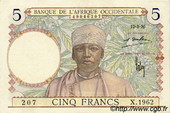 5 Francs FRENCH WEST AFRICA  1936 P.21 AU