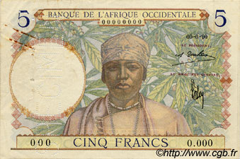 5 Francs Spécimen FRENCH WEST AFRICA  1934 P.21s fVZ