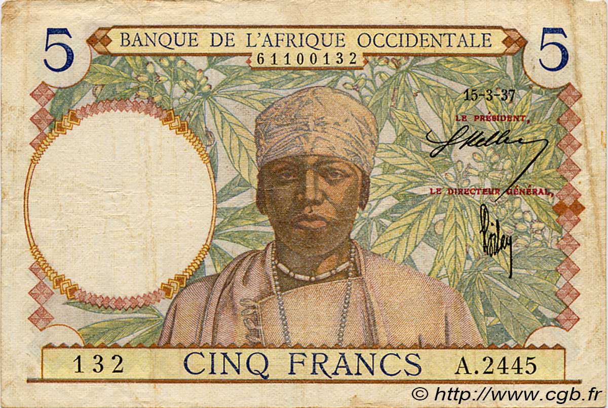 5 Francs AFRIQUE OCCIDENTALE FRANÇAISE (1895-1958)  1937 P.21 TTB
