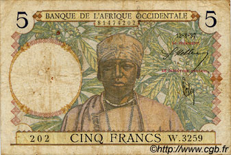 5 Francs FRENCH WEST AFRICA  1937 P.21 VG