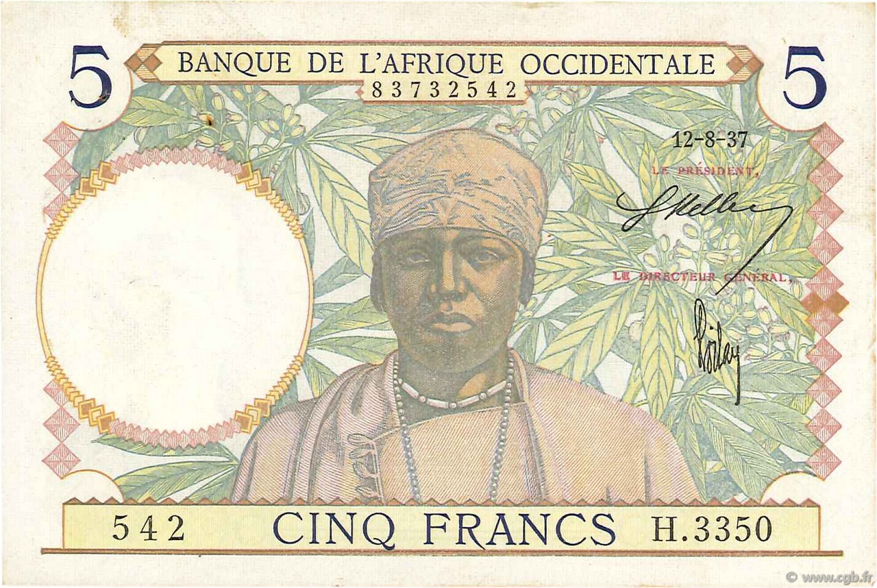 5 Francs FRENCH WEST AFRICA  1937 P.21 XF