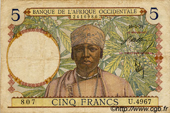 5 Francs FRENCH WEST AFRICA  1938 P.21 F