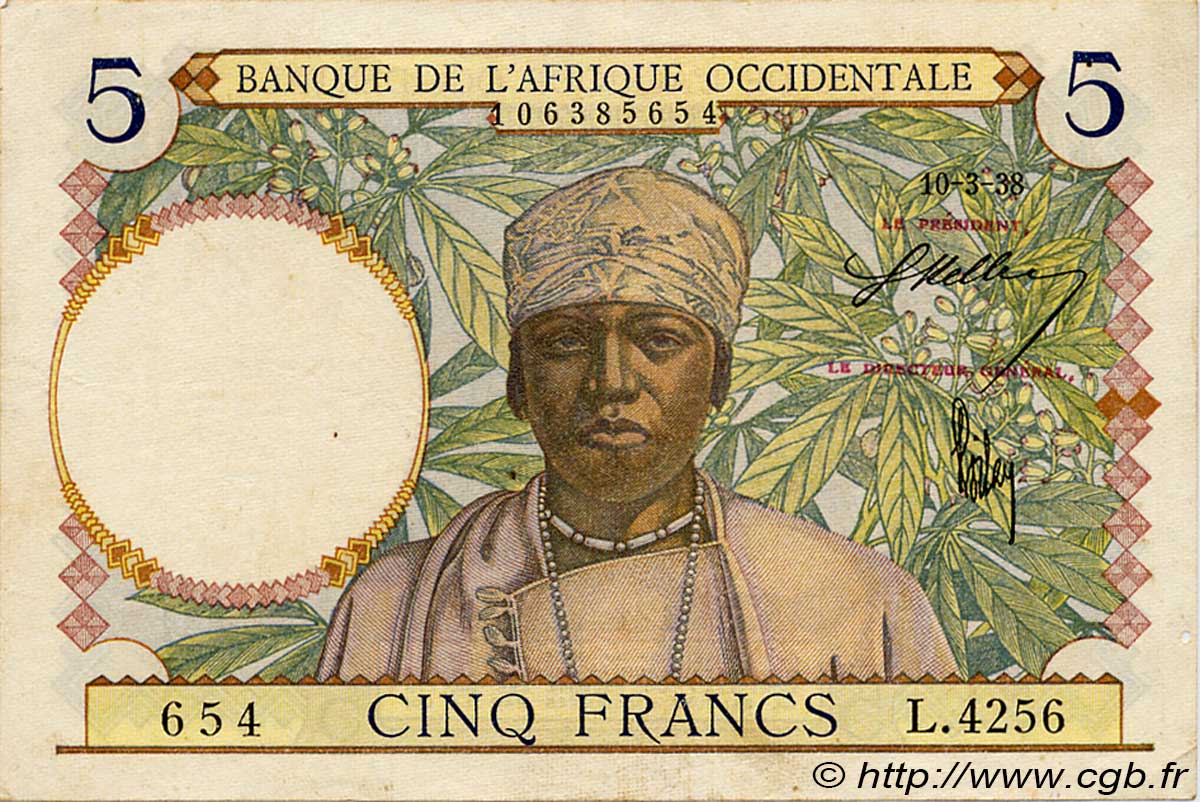 5 Francs FRENCH WEST AFRICA  1938 P.21 q.SPL