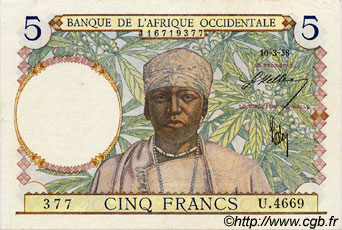 5 Francs FRENCH WEST AFRICA  1938 P.21 XF