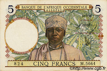 5 Francs FRENCH WEST AFRICA  1938 P.21 AU