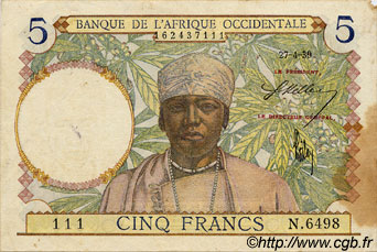 5 Francs FRENCH WEST AFRICA  1939 P.21 F