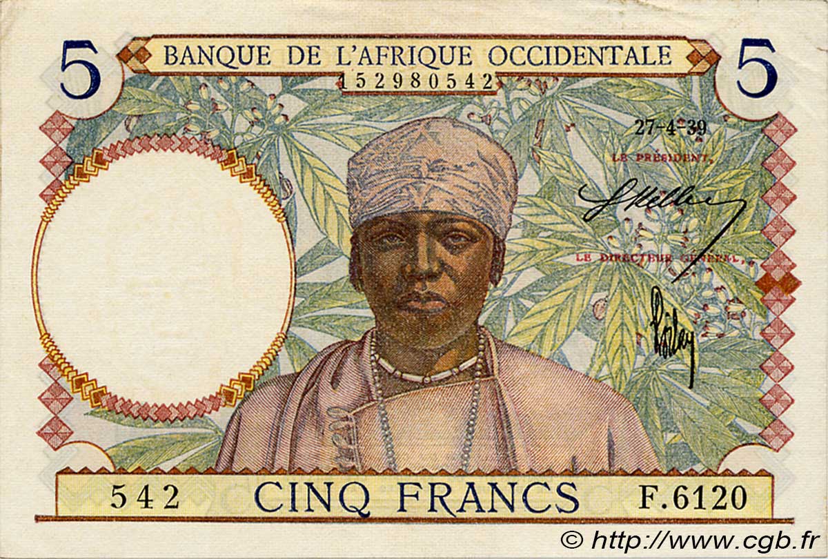 5 Francs FRENCH WEST AFRICA  1939 P.21 VZ
