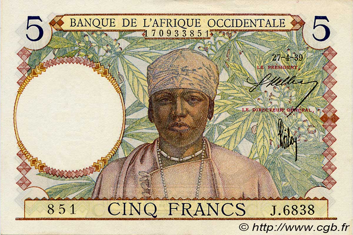 5 Francs FRENCH WEST AFRICA  1939 P.21 SC